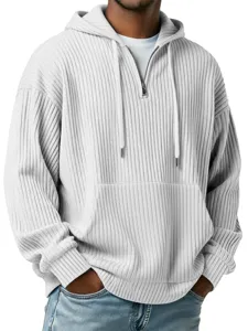 Men's ribbed quarter-zip hoodie detail, solid color long sleeve casual sweatshirt with cozy hood.