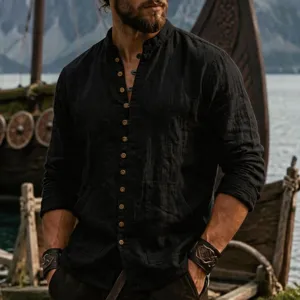 Men's casual long sleeve mandarin collar black linen shirt with front buttons and pockets detail.