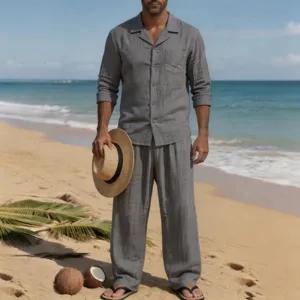 Conjunto casual de camisa y pantalon de lino para hombre, ropa de playa transpirable de verano.
