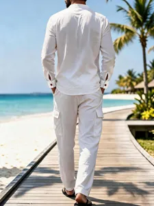 Men's casual long sleeve mandarin collar linen shirt with cargo pants for summer beachwear.
