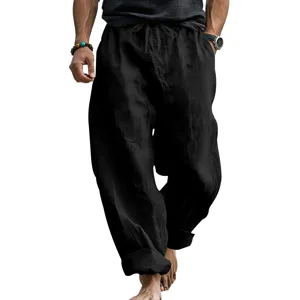 Pantaloni casual larghi in lino da uomo, neri comodi e traspiranti per la stagione estiva.