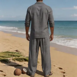 Conjunto de camisa de manga larga y pantalones de lino casual para hombre playa vista detalle.