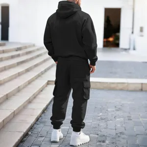 Detailed back view of men black cargo tracksuit, hooded sweatshirt and multi pocket pants.