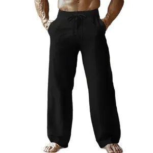 Men's casual solid color loose linen trousers with elastic drawstring waist for daily wear.