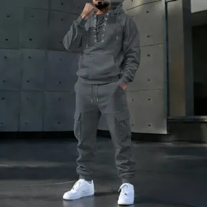 Men's grey tracksuit set featuring a lace-up hoodie and multi-pocket cargo sweatpants.