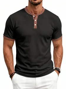 High-end waffle knit mens polo shirt contrast color short sleeve summer casual top.