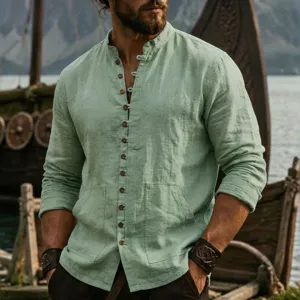 Men's long sleeve linen shirt with mandarin collar, casual button-down top with front pockets.