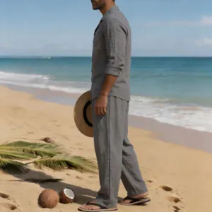 Conjunto de playa de lino para hombre, camisa manga larga y pantalón vista de detalle, gris.