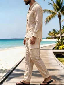 Detail view of men casual linen long sleeve mandarin collar shirt and matching cargo trousers.