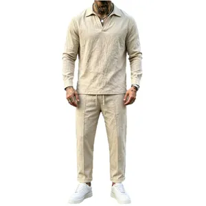 Men linen casual set long sleeve V-neck shirt and trousers summer beach vacation outfit