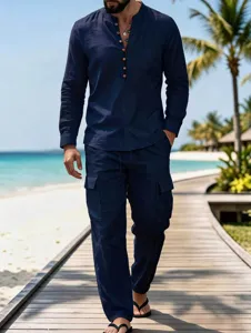 Detailed view of men's casual long sleeve linen shirt and cargo pants set for outdoor wear.