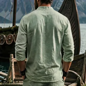 Men's breathable long sleeve linen shirt, casual stand collar solid color top for autumn wear.
