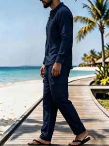 Men's casual long sleeve linen shirt and cargo pants set, mandarin collar, beach outfit.