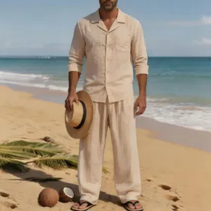 Vista detallada del conjunto casual de playa de lino para hombre con camisa y pantalón.