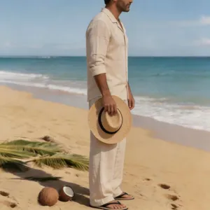 Hombres lino casual suelto transpirable camisa manga larga y pantalones playa.