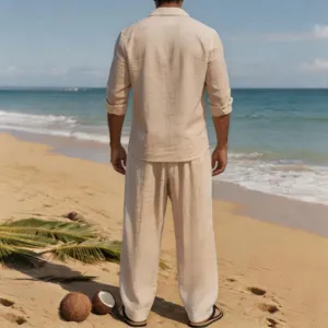 Conjunto de playa de lino para hombre casual camisa manga larga y pantalón liso