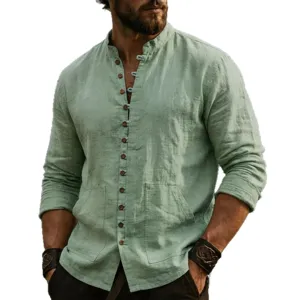 Men's Casual Long Sleeve Linen Shirt Stand Collar Button Down Breathable Spring Autumn Top