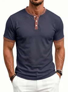 Men's waffle knit short sleeve polo shirt detail showing collar and button placket design.