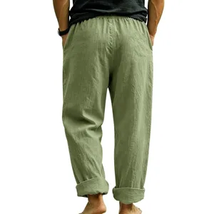 Pantaloni in lino casual uomo larghi gamba dritta cotone traspirante colore unito