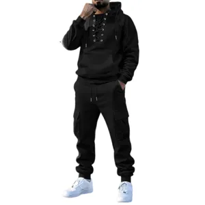 Men black hooded tracksuit with lace-up front and cargo pants for daily casual wear.
