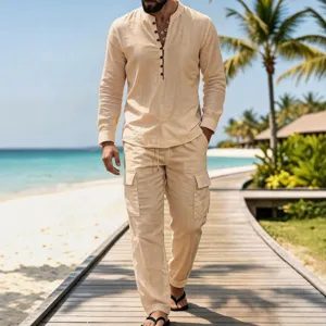 Men's casual linen long sleeve mandarin collar shirt cargo pants set for beach daily wear.