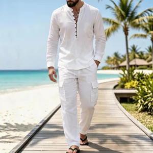 Men's white linen long sleeve mandarin collar shirt and cargo pants casual outfit main view.