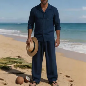 Conjunto de camisa y pantalon de lino transpirable para hombre ropa de playa casual.