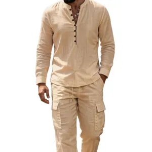 Mens casual linen long sleeve shirt cargo pants set mandarin collar spring streetwear main view