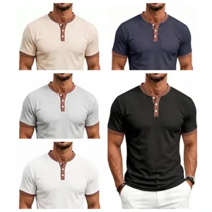 Men's Casual Waffle Polo Shirt Summer Short Sleeve Henley Collar Color Block Regular Fit Polyester Top