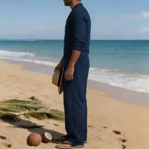 Vista detallada del conjunto de hombre de camisa de manga larga y pantalon de lino azul.