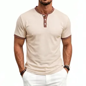 Men's waffle knit short sleeve Henley t-shirt with contrast collar and casual style