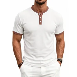 Men white waffle knit short sleeve henley shirt with brown contrast trim casual summer top