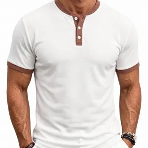 Men's waffle knit short sleeve henley shirt with contrast trim casual summer top.