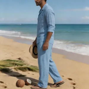 Conjunto de camisa pantalón playa lino hombre, corte holgado transpirable para vacaciones verano.