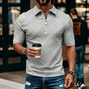 Ανδρικό καλοκαιρινό κοντομάνικο jacquard πόλο casual slim fit γκρι μπλούζα φερμουάρ