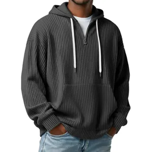Men's Ribbed Knit Half Zip Hoodie Casual Long Sleeve Solid Color Sweatshirt Autumn Winter
