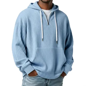 Men's light blue ribbed quarter zip hoodie casual long sleeve sweatshirt with drawstring.