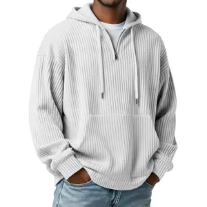 Men's solid color quarter zip ribbed hoodie long sleeve casual hooded sweatshirt with pocket