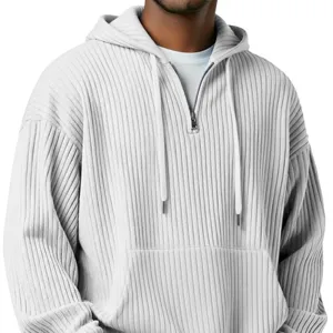 Mens half zip ribbed hoodie casual long sleeve streetwear pullover sweatshirt stylish