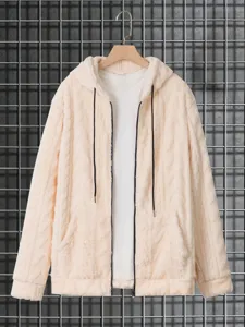 Men's casual fleece zip-up hooded cardigan jacket with inner white t-shirt detail
