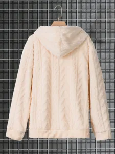 Men casual plush hooded sweater detail view, cozy winter knitwear outerwear in light beige.