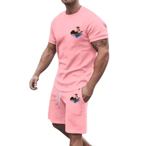 Men's Summer Casual Short Sleeve T-Shirt and Shorts Set Pink Tropical Print Outfit