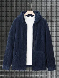 Close-up detail of mens fuzzy fleece hooded cardigan jacket with zipper and cozy texture.