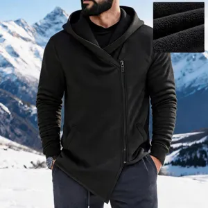 Men's Fleece Asymmetrical Zip Hoodie Winter Casual Warm Long Sleeve Hooded Jacket