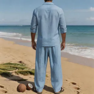 Vista detallada de conjunto de playa para hombre con camisa y pantalón de lino celeste.