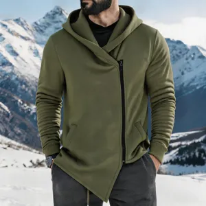Detail view of men's olive green fleece lined asymmetrical zip hoodie in snowy outdoor scene.