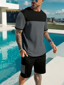 Set due pezzi estivo da uomo con t-shirt colorblock e pantaloncini cargo casual sport
