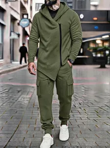 Detailed view of men's fleece-lined cargo tracksuit set in army green with stylish hoodie.