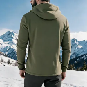 Detailed view of men's fleece lined hooded sweatshirt in olive green for winter casual wear.