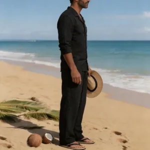 Hombres lino camisa manga larga y largo pantalones playa traje casual suelto transpirable
